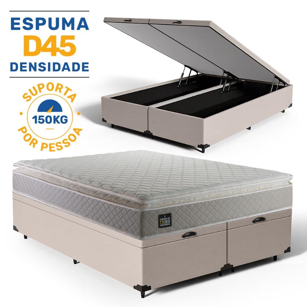 Cama Box Baú Queen com Colchão de Espuma D45 Strong One Face Bege - Suporta até 150kg por Pessoa - 2