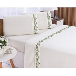 Lençol Padrão Casal 400 Fios Atenas Palha com Verde 4pçs - 2