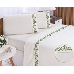 Lençol Padrão Casal 400 Fios Atenas Palha com Verde 4pçs - 3
