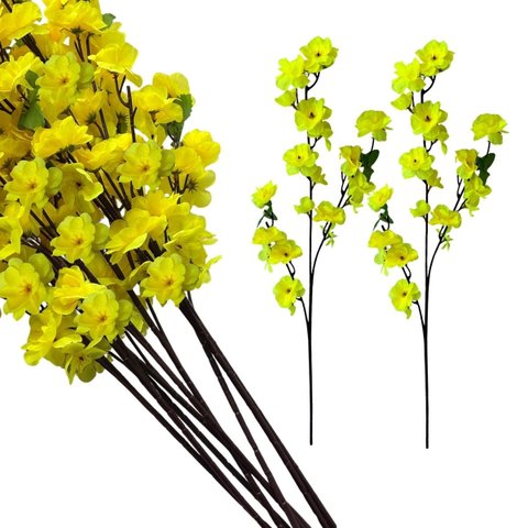 Kit com 9 Galhos Flor de Cerejeira Amarela Artificial Realista Decoração Elegante