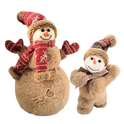 Jogo 2 Bonecos de Neve Decorativos Natal Pelúcia Marrom Claro Gorro e Cachecol Xadrez e Crochê 26cm 