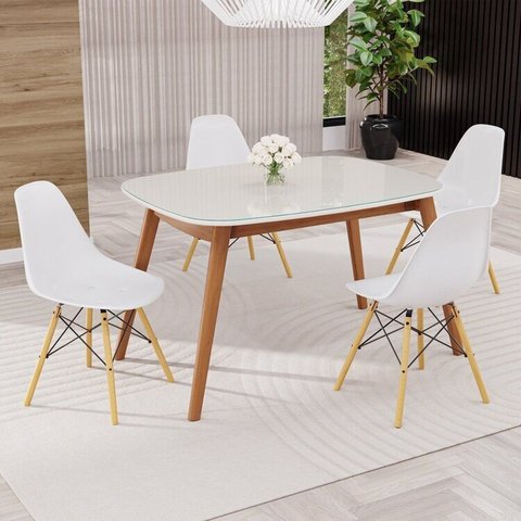 Conjunto Sala de Jantar Mesa Ceci com Vidro com 4 Cadeiras Eames Espresso Móveis Bege/Marrom/Branco
