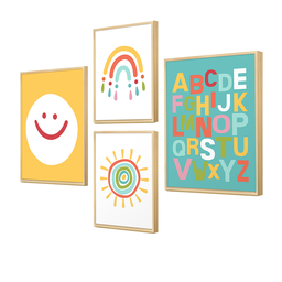 Kit 4 Quadros Decorativos Infantil Quarto Criança Colorido Alfabeto Sol com Moldura - 3