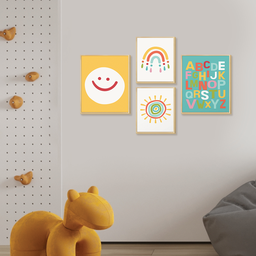 Kit 4 Quadros Decorativos Infantil Quarto Criança Colorido Alfabeto Sol com Moldura - 2