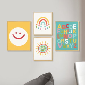 Kit 4 Quadros Decorativos Infantil Quarto Criança Colorido Alfabeto Sol com Moldura