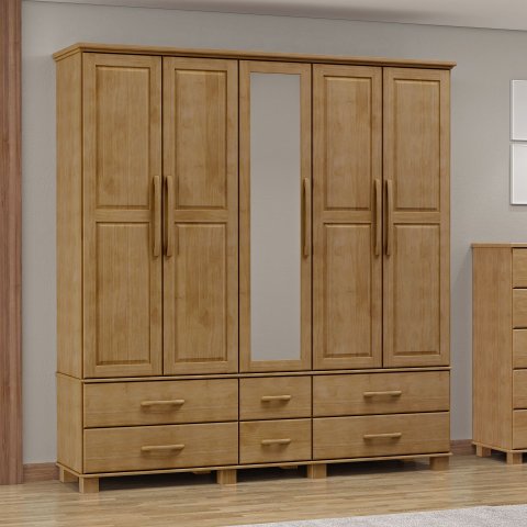Guarda-Roupa Bipartido 5 Portas 6 Gavetas 100% Madeira Maciça Linha Ouro Marrom/Freijó