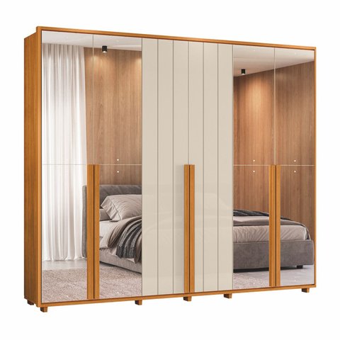 Guarda Roupas 100% Mdf 2 Espelhos Laterais 6 Portas 278cm Volpi 178 Espazzo Madetec