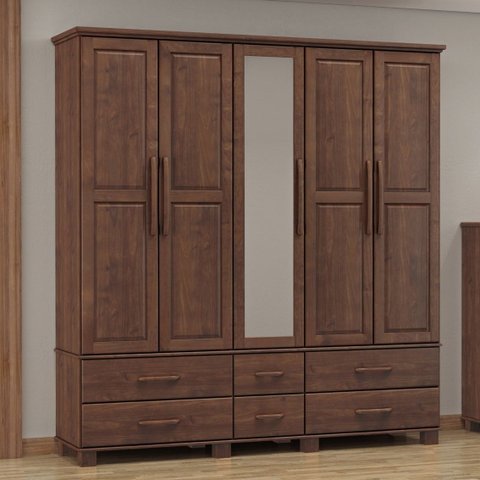 Guarda-Roupa Bipartido 5 Portas 6 Gavetas 100% Madeira Maciça Linha Ouro Marrom/Café