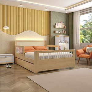 Bicama Casal Wave Infantil Reversível em Led com Rattan e Grade de Proteção Palito Casatema