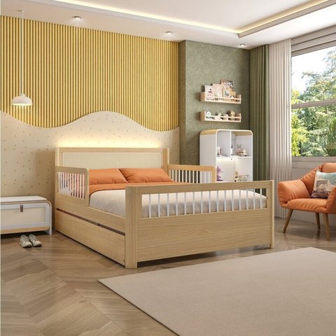 Bicama Casal Infantil Reversível em LED com Rattan e Grade Palito Wave Casatema MadeiraOriginals