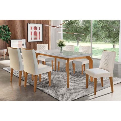 Conjunto: Mesa Sala Jantar Londrina Tampo Madeirado c/ Vidro 180cm + 6 Cadeiras Jade Imbuia/Veludo