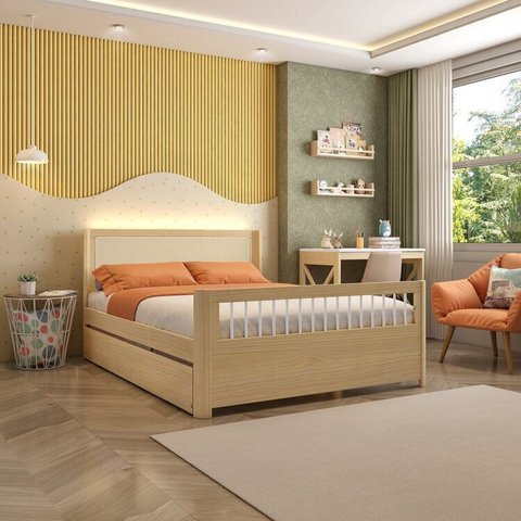 Bicama Casal Wave Juvenil Reversível em LED com Rattan, Peseira Palito Casatema MadeiraOriginals