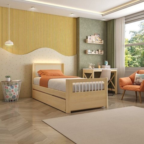 Bicama Solteiro Wave Juvenil Reversível em LED com Rattan, Peseira Palito Casatema MadeiraOriginals Bege/Marrom/Branco