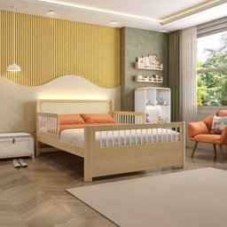 Cama Casal Wave Juvenil Reversível Led com Rattan, Grade de Proteção e Peseira Palitos Casatema - 2
