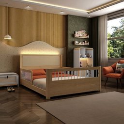 Cama Casal Wave Juvenil Reversível Led com Rattan, Grade de Proteção e Peseira Palitos Casatema - 6