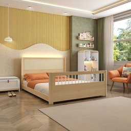 Cama Casal Wave Juvenil Reversível Led com Rattan, Grade de Proteção e Peseira Palitos Casatema - 14