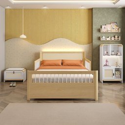 Cama Casal Wave Juvenil Reversível Led com Rattan, Grade de Proteção e Peseira Palitos Casatema - 7
