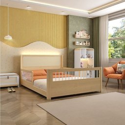 Cama Casal Wave Juvenil Reversível Led com Rattan, Grade de Proteção e Peseira Palitos Casatema - 1