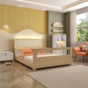 Cama Casal Wave Juvenil Reversível Led com Rattan, Grade de Proteção e Peseira Palitos Casatema
