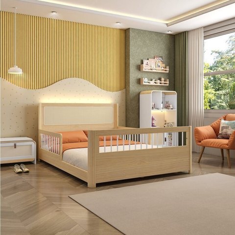 Cama Casal Montessoriana Evolutiva Led com Rattan, Grade em Palitos Wave Casatema MadeiraOriginals