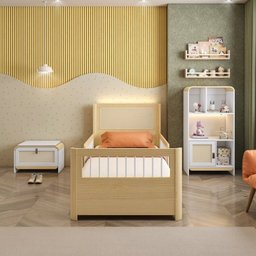 Cama Solteiro Wave Juvenil Reversível Led com Rattan, Grade de Proteção e Peseira Palito Casatema - 8