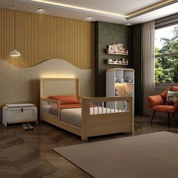 Cama Solteiro Wave Juvenil Reversível Led com Rattan, Grade de Proteção e Peseira Palito Casatema - 6