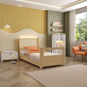 Cama Solteiro Wave Juvenil Reversível Led com Rattan, Grade de Proteção e Peseira Palito Casatema