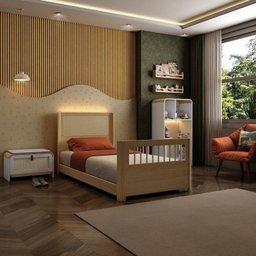 Cama Solteiro Wave Juvenil Reversível Led com Rattan, Grade de Proteção e Peseira Palito Casatema - 14