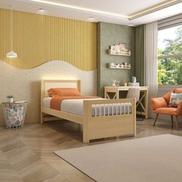 Cama Solteiro Wave Juvenil Reversível Led com Rattan, Grade de Proteção e Peseira Palito Casatema - 13