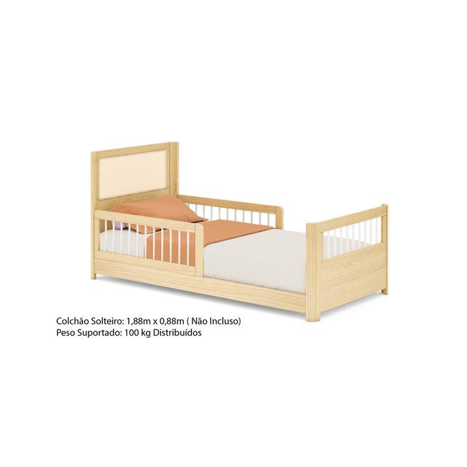 Cama Solteiro Wave Montessoriana Led com Rattan, Grade de Proteção e Peseira Palito Casatema - 12