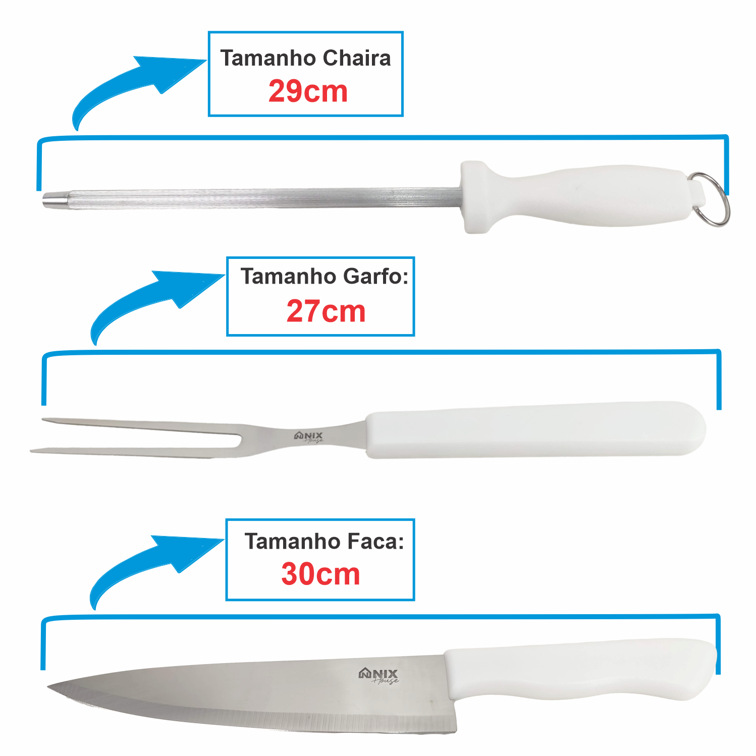 Kit Churrasqueiro Faca de Corte Churrasco Garfo Trinchante Chaira Afiador Aço Inox Cabo Branco - 3