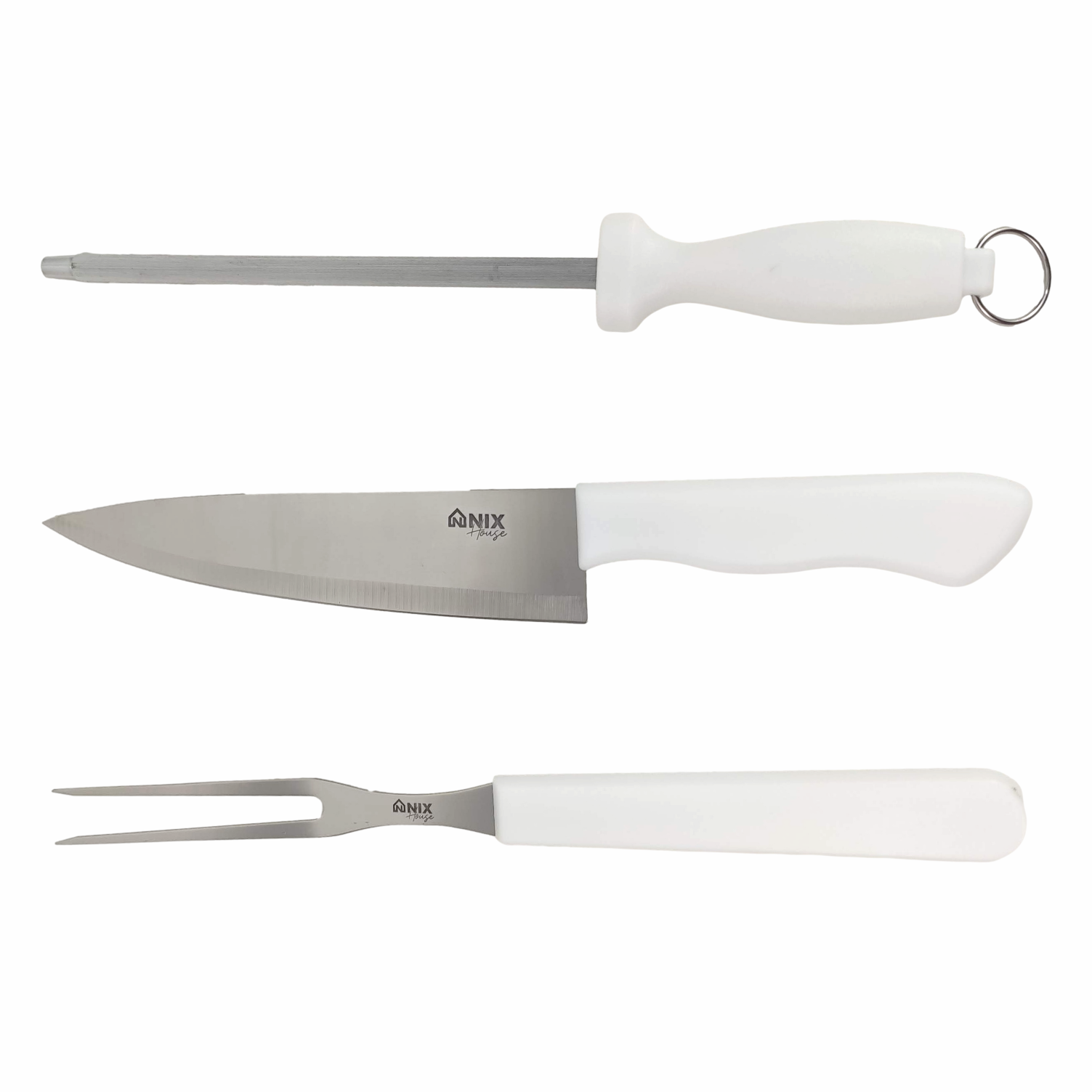 Kit Churrasqueiro Faca de Corte Churrasco Garfo Trinchante Chaira Afiador Aço Inox Cabo Branco - 6