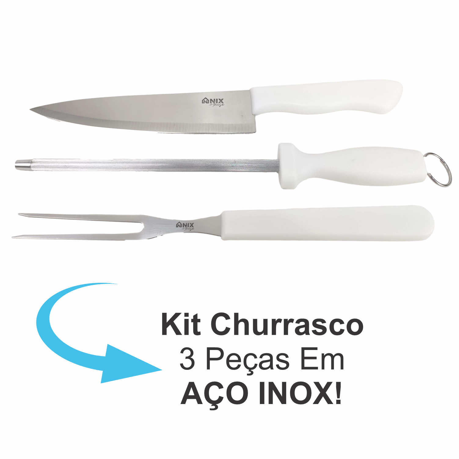 Kit Churrasqueiro Faca de Corte Churrasco Garfo Trinchante Chaira Afiador Aço Inox Cabo Branco - 5