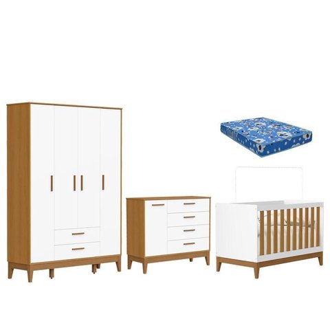Quarto de Bebê Flip com Cômoda Sapateira Branco Acetinado Savana com Colchão Ortobom - Reller