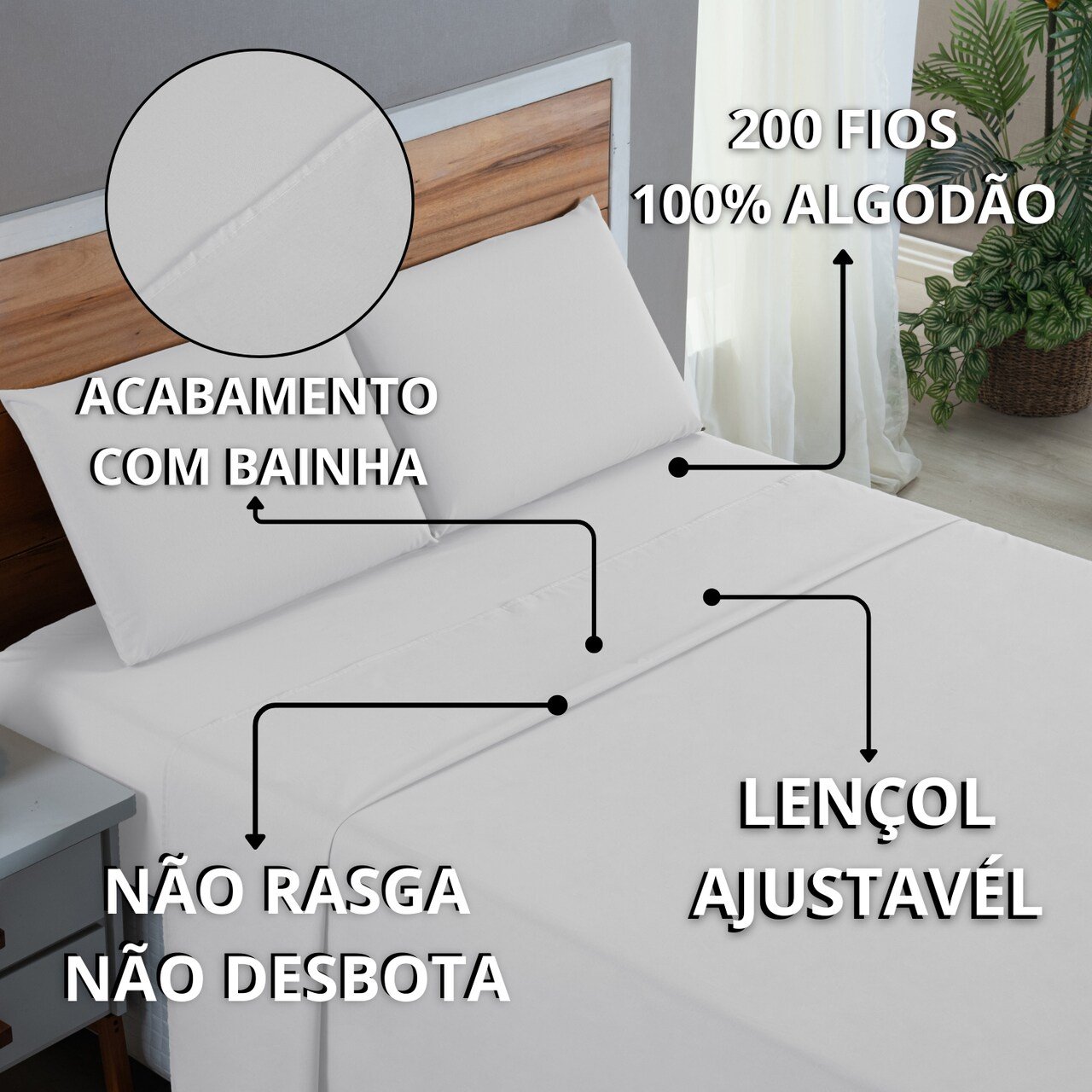 Kit Jogo Cama Casal 4 Peças 100% Algodão Percal 200 Fios Lençol com Elástico:branco - 8