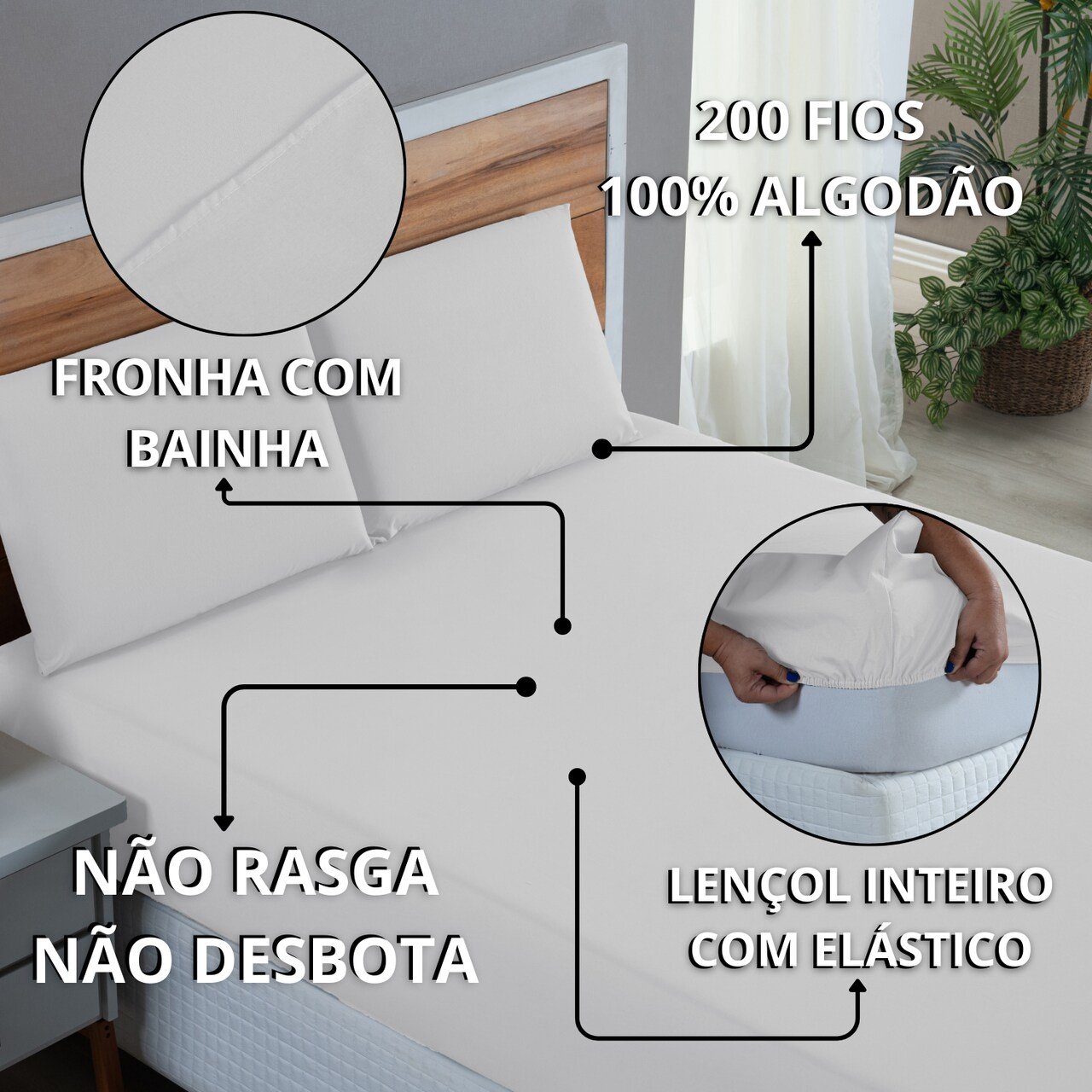 Kit Jogo Cama Casal 4 Peças 100% Algodão Percal 200 Fios Lençol com Elástico:branco - 9