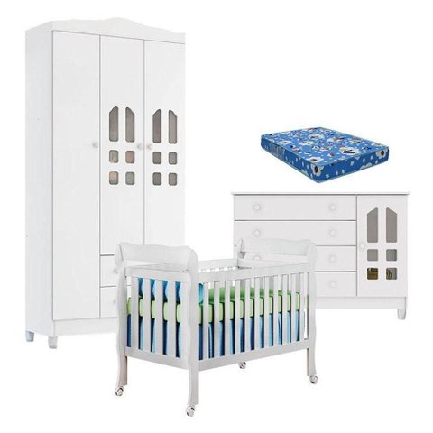 Quarto de Bebê New Selena 3 Portas com Berço Lila e Cômoda Gran Selena Branco Brilho e Colchão