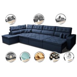 Sofá de Canto 4.80x2.36m Retrátil e Reclinável com Molas Cama inBox Platinum Esquerdo Suede Azul - 3 Sofá de Canto 4.80x2.36m Retrátil e Reclinável com Molas Cama inBox Platinum Esquerdo Suede Azul - 3