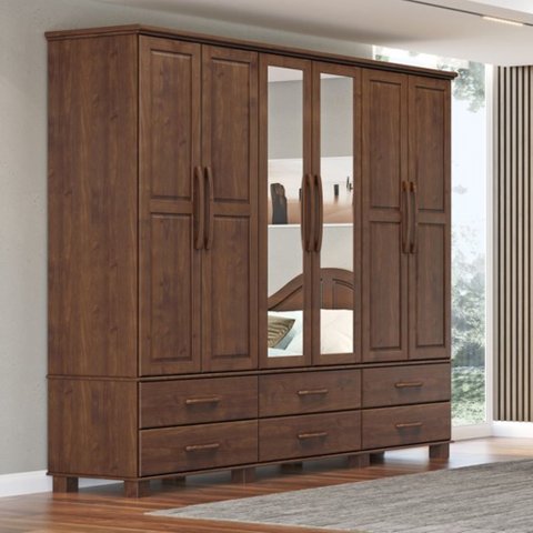 Guarda-Roupa Bipartido 6 Portas 6 Gavetas 100% Madeira Maciça Linha Ouro Marrom/Café