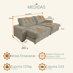 Sofá Retrátil e Reclinável 2,30 Molas Ensacadas Pillow Top Veludo Califórnia Bege | Camurça - 3
