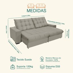 Sofá Retrátil e Reclinável 2,30m Molas Ensacadas Pillow Top Veludo Califórnia Bege | Camurça - 3