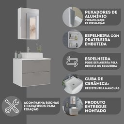 Conjunto Gabinete Banheiro Rubi 60cm - Gabinete + Cuba + Espelheira - Branco/cinza - 7