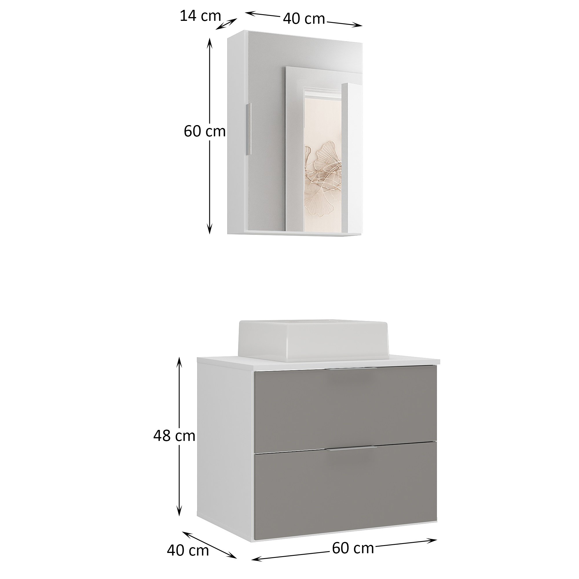 Conjunto Gabinete Banheiro Rubi 60cm - Gabinete + Cuba + Espelheira - Branco/cinza - 5