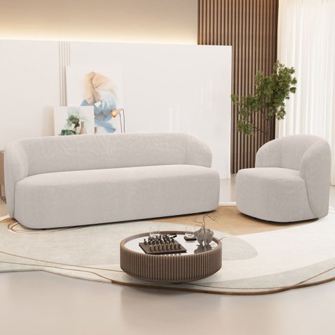 Sofá 2 Lugares 170cm com Poltrona Giratória Orgânica Heidy F04 Bouclê Bege - Lyam Decor