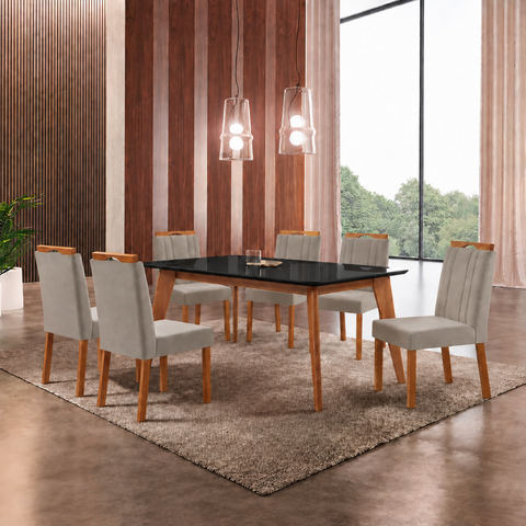 Conjunto Sala de Jantar Mesa Paris Madeira Maciça 160x90cm Tampo Retângular Vidro Preto com 6 Cadeir