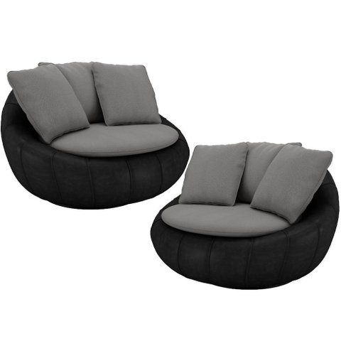 Kit 02 Poltronas para Sala de Estar Decorativa Giratória Kira Couríssimo Preto Linho Cinza - Lyam