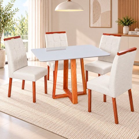 Conjunto Mesa Itália com 4 Cadeiras Madeira Maciça, Detalhe em Botonê e Estofada Sophia Espresso Móv
