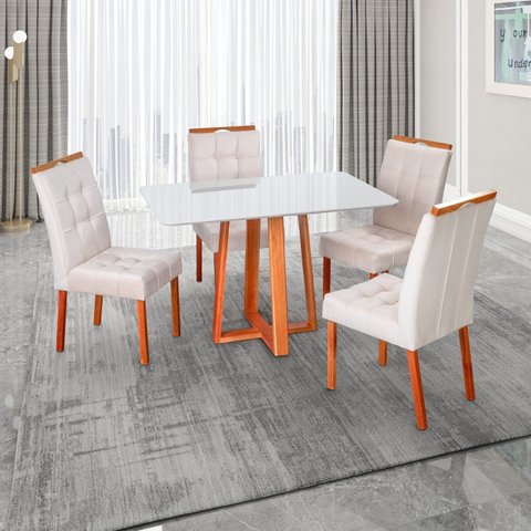 Conjunto Mesa Itália com 4 Cadeiras Madeira Maciça, Detalhe em Botonê e Estofada Sophia Espresso Móv
