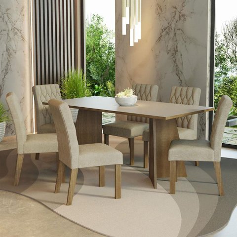 Conjunto Sala de Jantar Mesa Tampo de Madeira 6 Cadeiras Madesa Rustic-crema-imperial