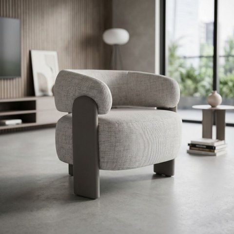 Poltrona Curva Orgânica Moderna Linho Cinza Sintético Cinza Linha Premium Clinicas Sala Quarto Recep